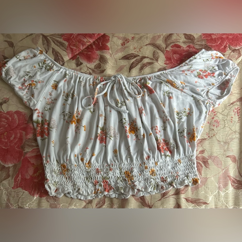 Forever 21 White Floral Off the Shoulder Crop Top